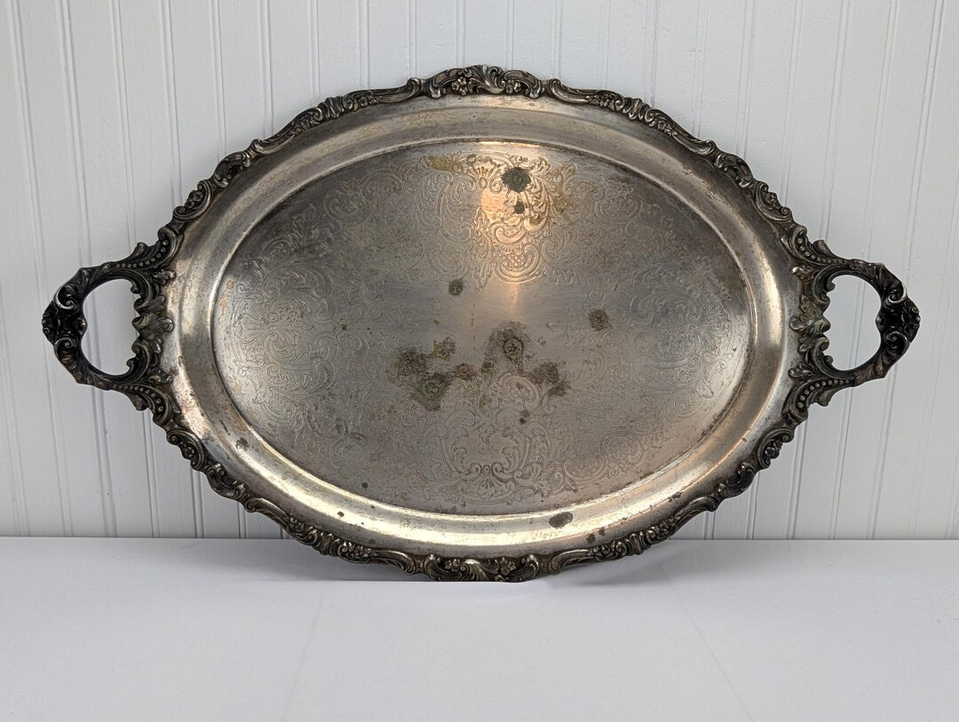 Large Vintage Oval Silverplated Serving Tray With Handles Ornate Tarnished - Etsy | Etsy (US)