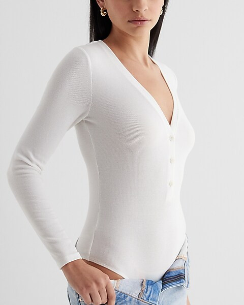 Fitted Ribbed V-Neck Henley Bodysuit | Express