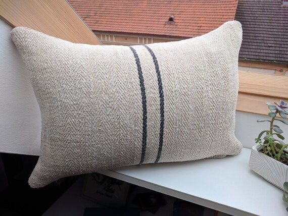 Authentic Grain Sack Pillow Cover Black Stripes / Antique linen / Handwoven hemp fabric / Lumbar ... | Etsy (US)