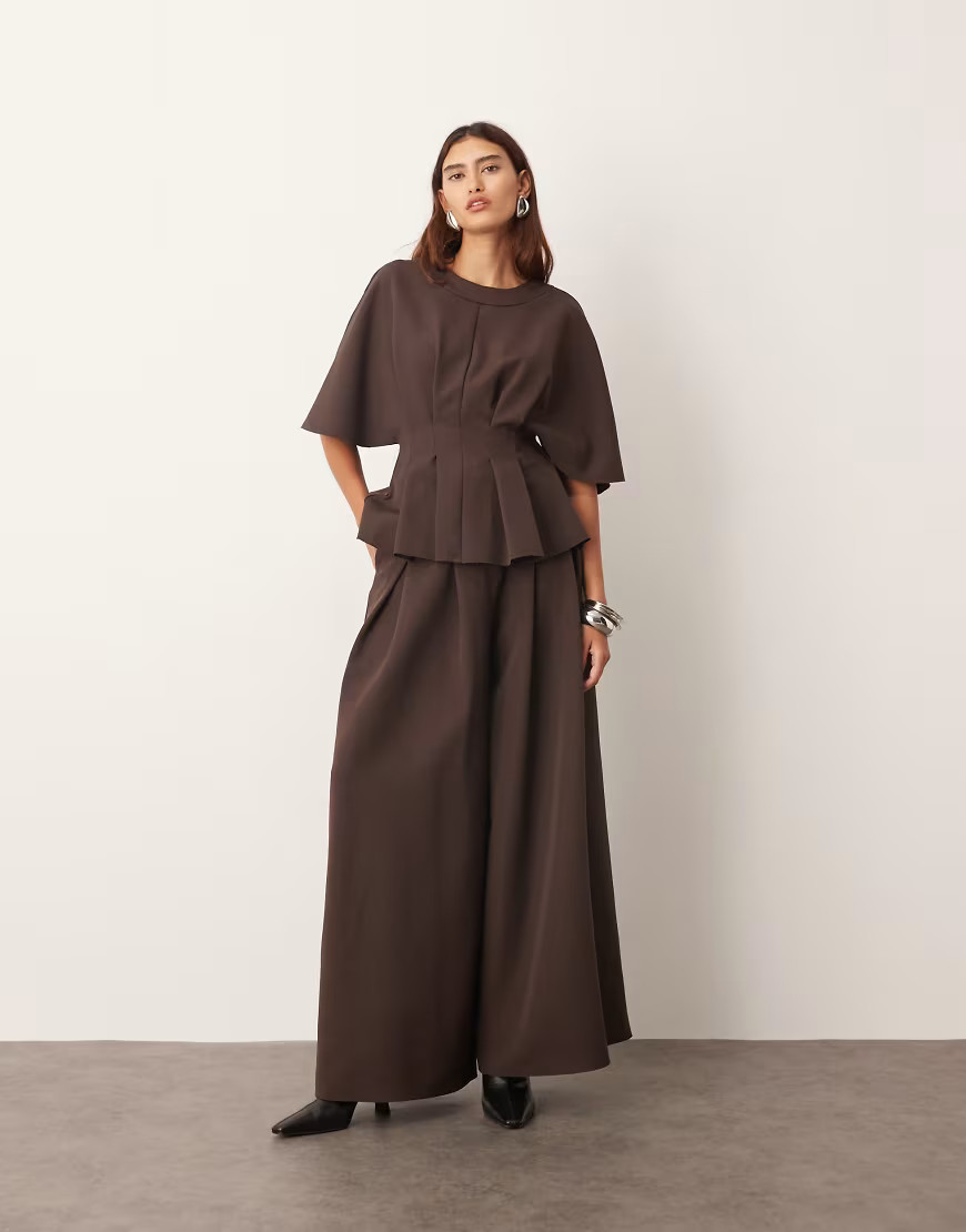 ARRANGE pleat waist tailored wide leg trouser co-ord in deep chocolate-Brown | ASOS (Global)