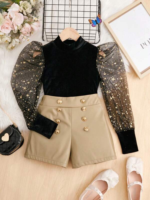 SHEIN Kids HYPEME Tween Girl Contrast Star Mesh Gigot Sleeve Mock Neck Tee & Shorts | SHEIN