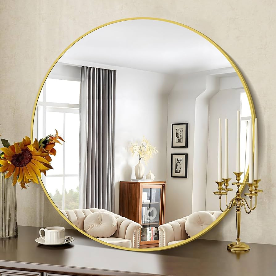 Gold Round Mirror, 42 Inch Wall Mounted Round Mirror, Aluminum Alloy Metal Frame Wall Mirror, Rou... | Amazon (US)