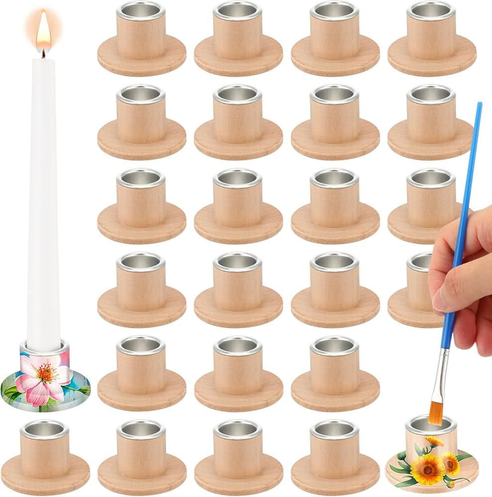 Havawish 24 Pcs Unfinished Blank Wooden Candlestick Holders Bulk Taper Candle Holders with Metal ... | Amazon (US)