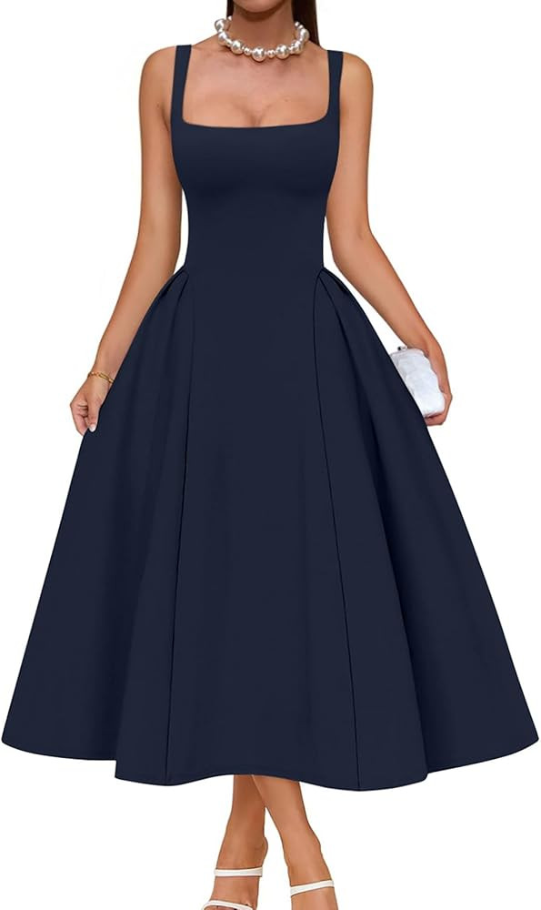 Memoriesea Women's Elegant Square Neck Swing A Line Wedding Evening Party Midi Dress | Amazon (US)