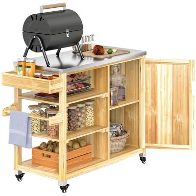 Outsunny Outdoor Grill Cart with Wheels and Storage Cabinet, Solid Wood Outdoor Kitchen Island with Stainless Steel Top, Natural Wood | Target