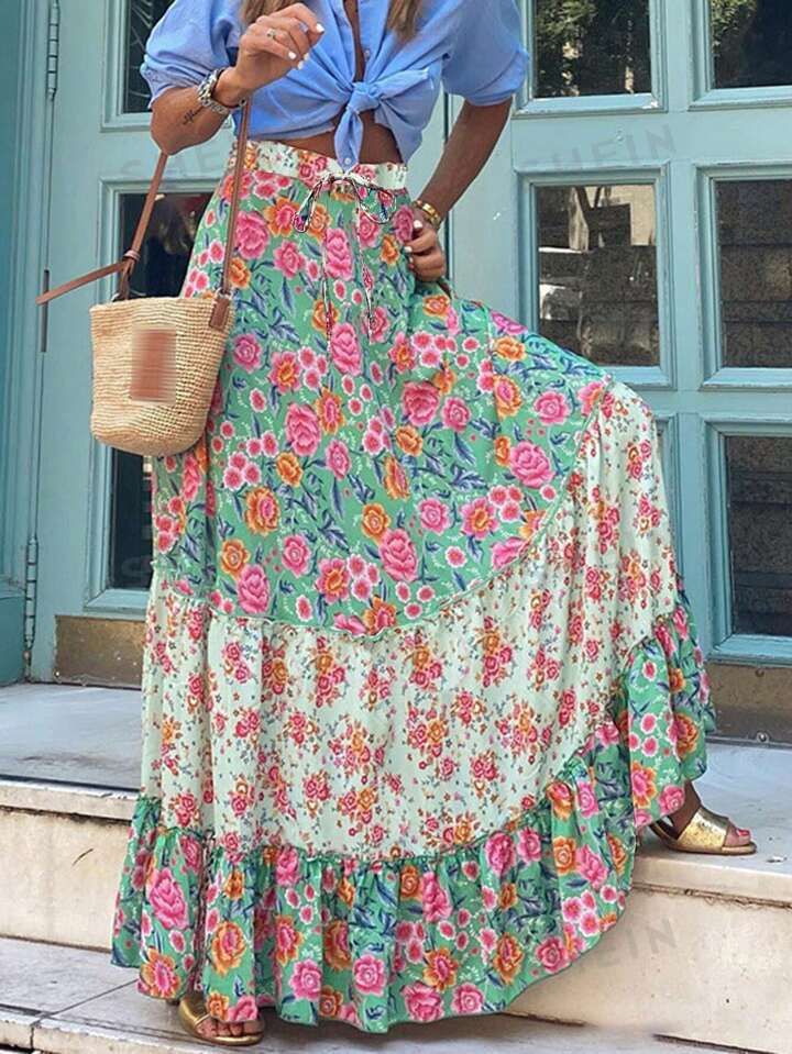 SHEIN VCAY Floral Print Pleated Patchwork High Waist Midi Skirt With Flouncing Hem | SHEIN