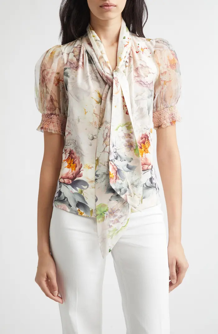 Alice + Olivia Brentley Floral Tie Neck Button-Up Top | Nordstrom | Nordstrom