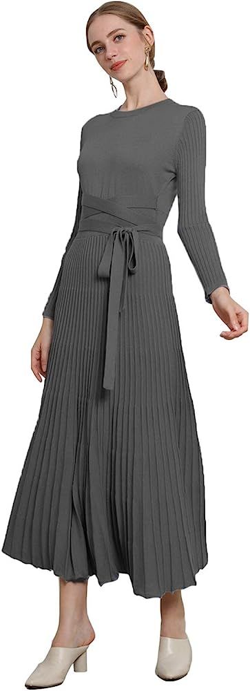 RanRui Womens Pleated Knitted fit and Flare Long Sleeve Sweater Dress | Amazon (US)