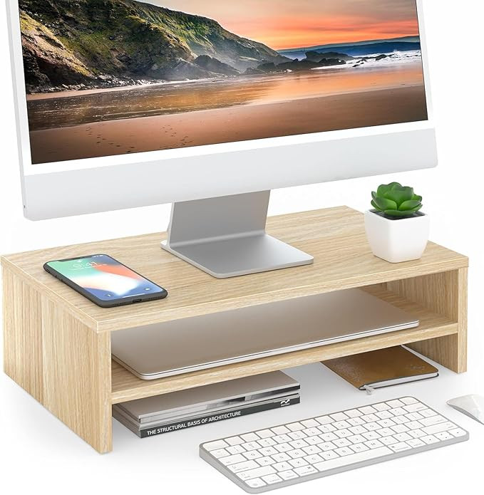 FITUEYES Monitor Stand - 2 Tier Computer Monitor Riser Shelf, Wood Desktop Stand for Laptop Compu... | Amazon (US)