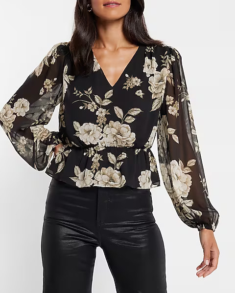 Floral Print V-Neck Peplum Top | Express