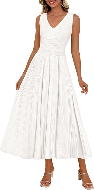 PRETTYGARDEN Women's Summer V Neck Pleated Midi Dress | Sleeveless A-Line Long Dresses, Elegant S... | Amazon (US)