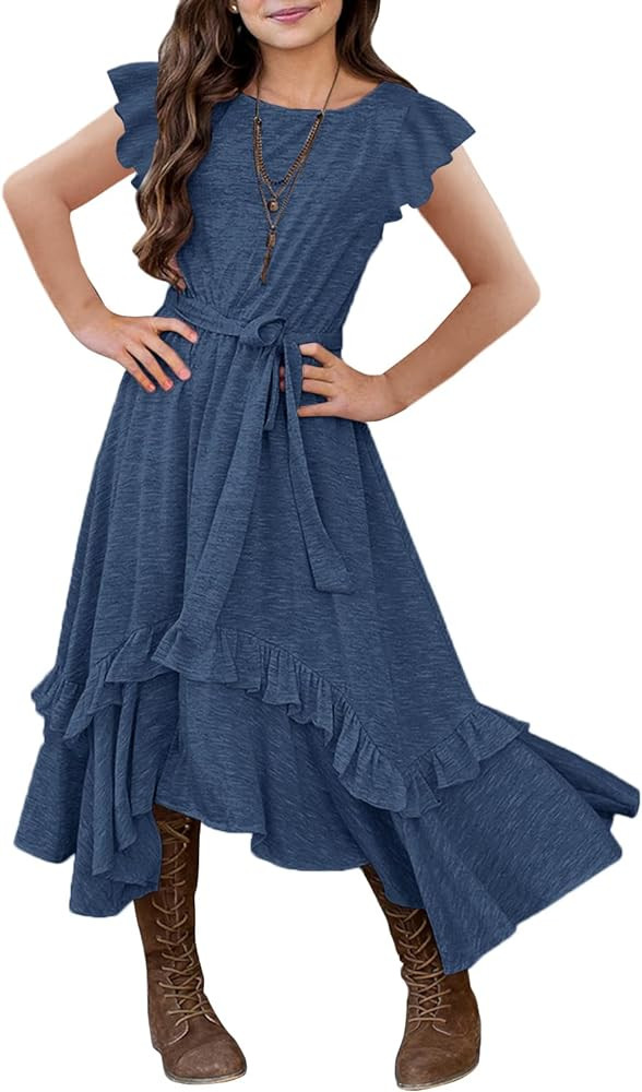 MITILLY Girls Loose Plain 3/4 Sleeve Casual Pocket Ruffle Swing Long Maxi Dress with Belt | Amazon (US)
