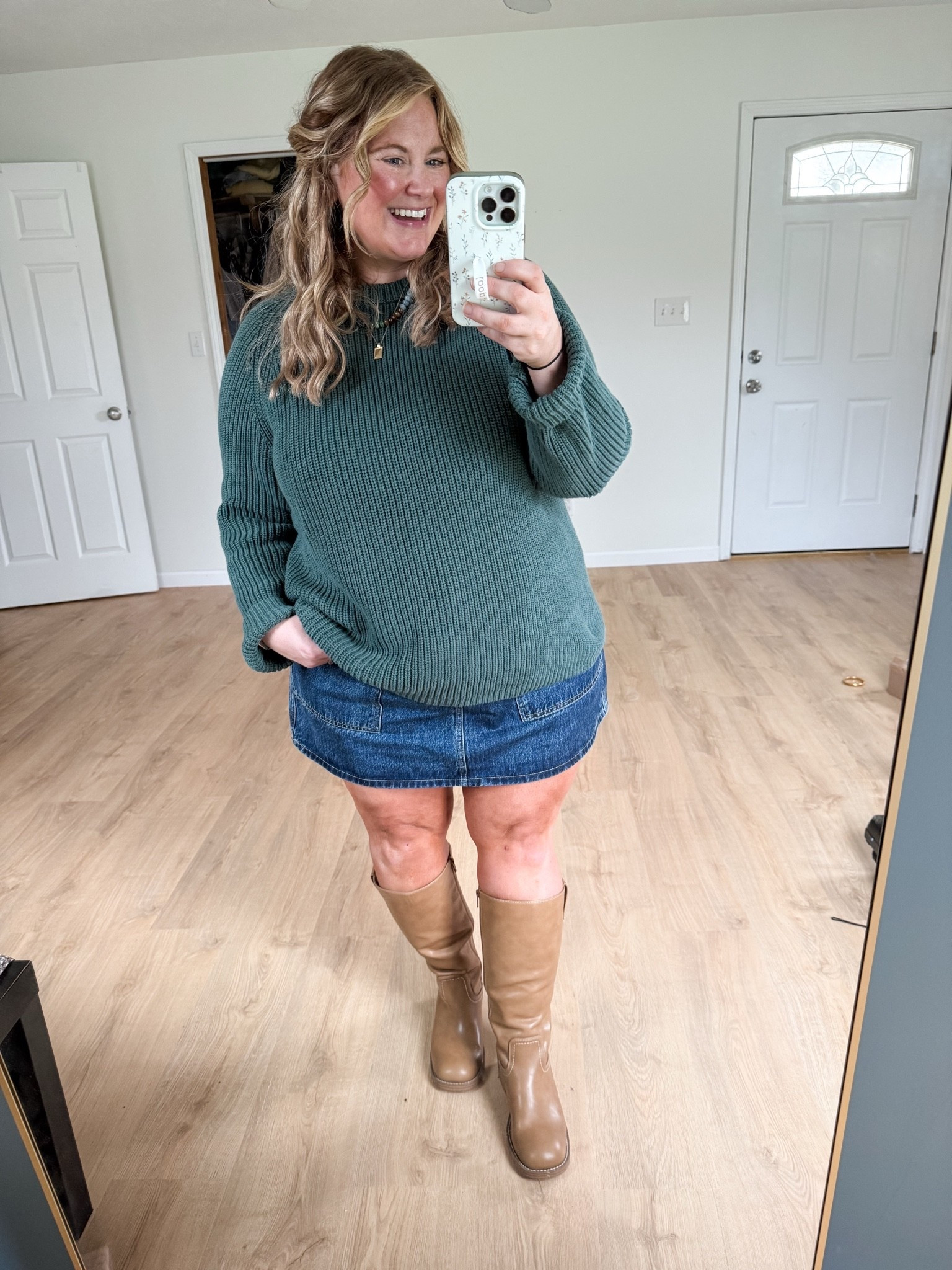Wearing a 1x in my Quince sweater - would prefer an XL.  Denim skirt is an 18.

#LTKMidsize #LTKPlusSize #LTKSeasonal