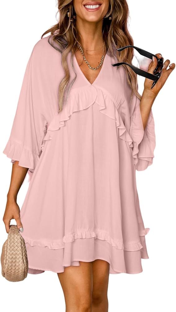 Dokotoo Womens 2024 Summer Ruffle Short Sleeve Sundress V Neck Tunic Dress Casual Loose Flowy Swi... | Amazon (US)
