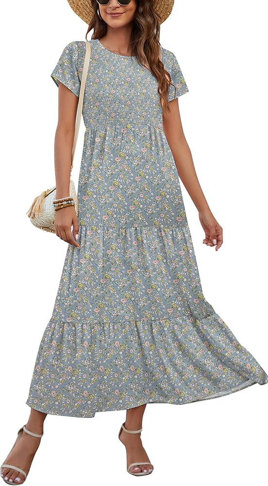 AUSELILY Womens Summer Floral Tiered Maxi Dress Casual Short Sleeve Smocked-Top Bohemian Maxi Dre... | Amazon (US)