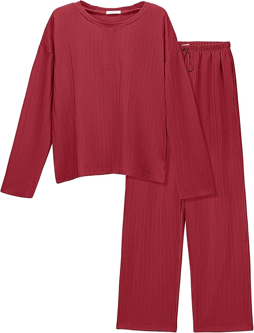 Ekouaer Womens Ribbed Knit Lounge Set Long Sleeve Top and Long Pants Sleepwear Pajama Set Two Pie... | Amazon (US)
