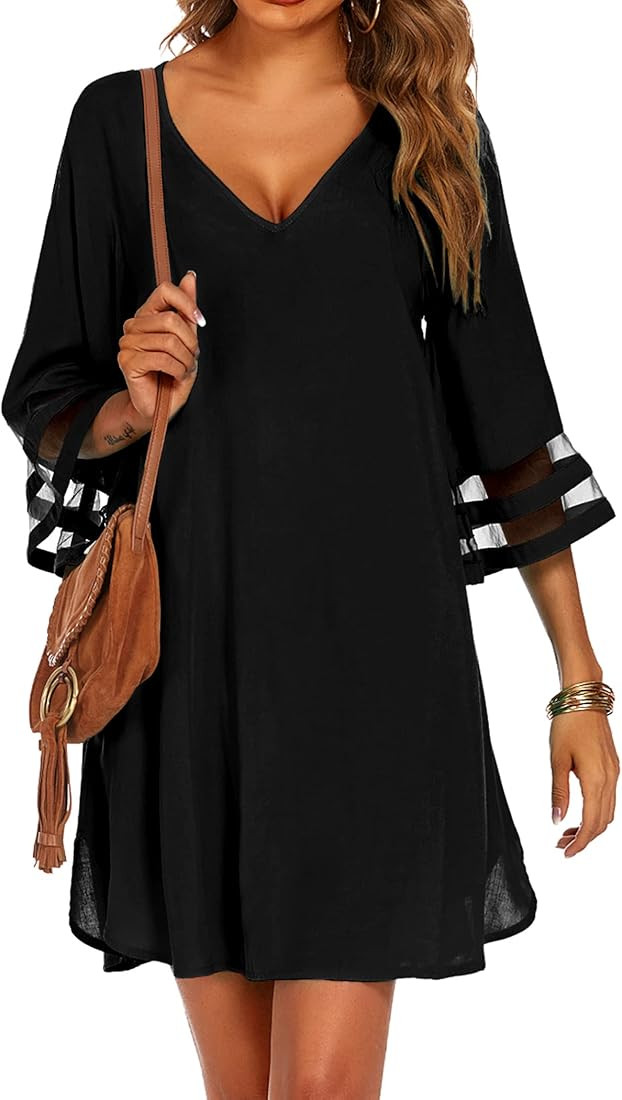 Ekouaer Women's Swimsuit Cover Up 3/4 Bell Sleeve Beachwear Coverups Deep V-Neck Bikini Beach Dre... | Amazon (US)