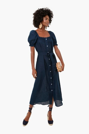 Navy Brigitte Midi Linen Dress | Tuckernuck (US)
