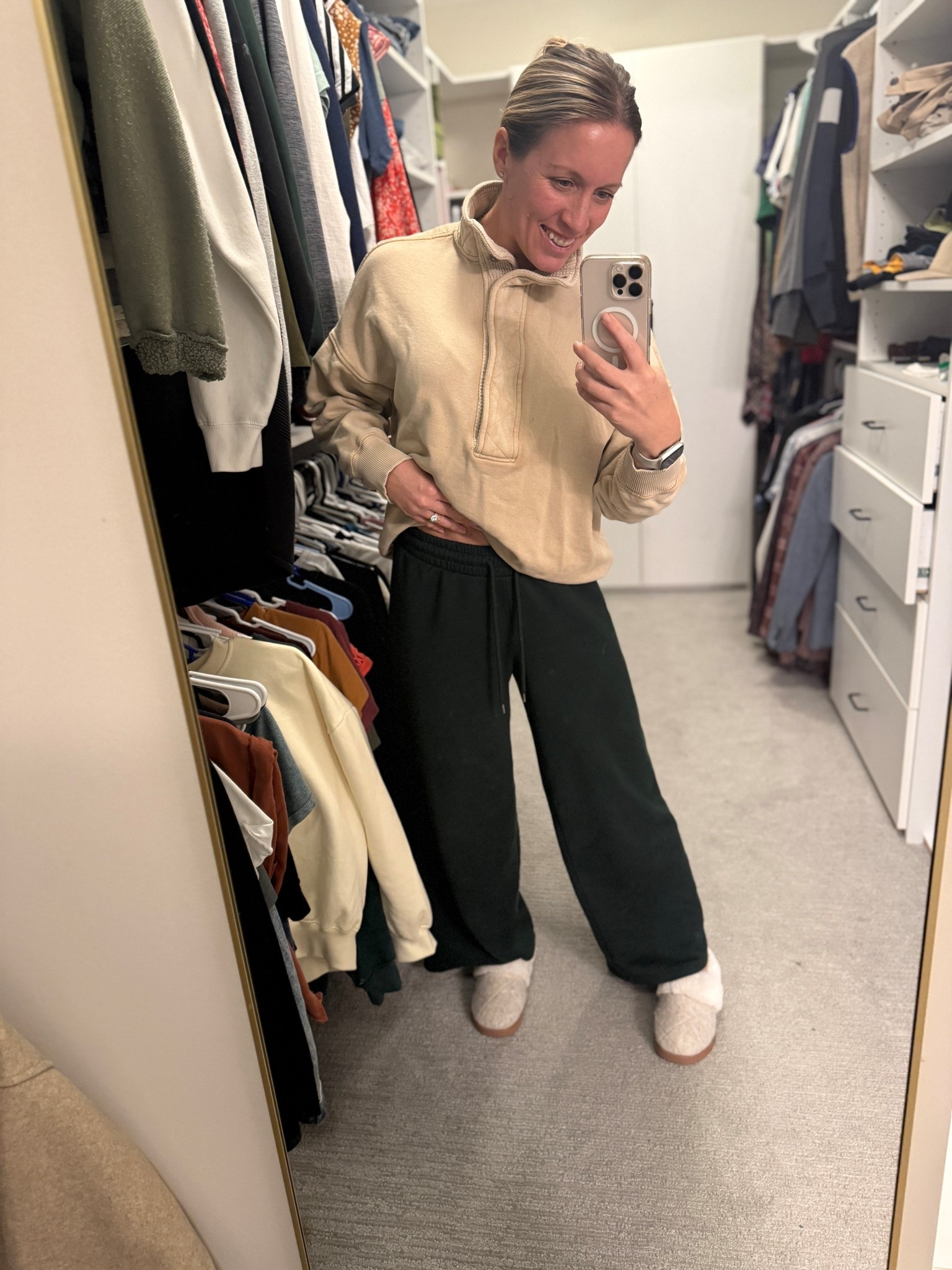 The minute I get home, I get into my comfy clothes! Working on adding plenty of comfy sweatpants now that we’re back in the Midwest! 

OBSESSED with these sweatpants from Target! I have them in this green color and in red! Love how wide the leg is, so cozy and comfy. 

Also still love this sweatshirt I got last year from Aerie! It’s on sale again for Black Friday this year! 

And these house slippers from Target are everyday staples now that it’s cold! Love them! 