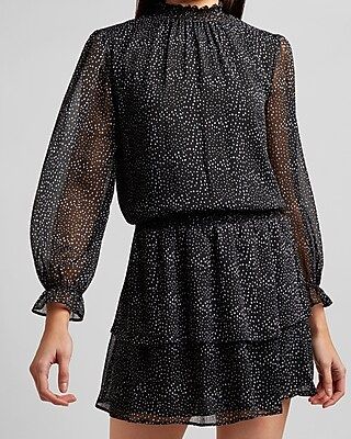 Printed Smocked Waist Ruffle Mock Neck Dress | Express