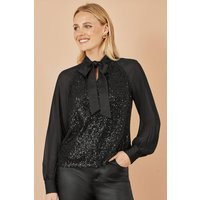 Yumi Women's Black Sequin Pussy Bow Top | Size: 14 | Debenhams UK