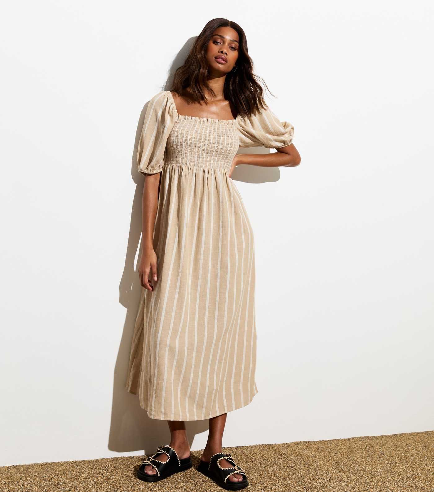Light Brown Stripe Square Neck Shirred Midi Dress
						
						Add to Saved Items
						Remove fr... | New Look (UK)