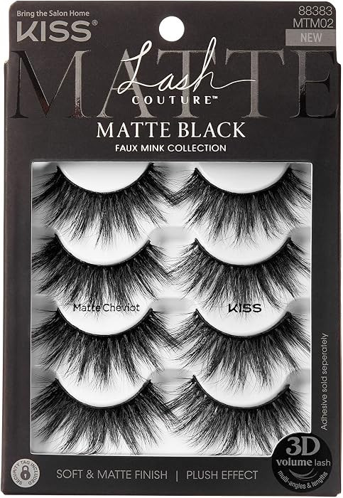 Kiss Matte Black, False Eyelashes, 'Matte Cheviot', 18mm-20mm, Includes 4 Pairs Of Lashes, Easy t... | Amazon (US)