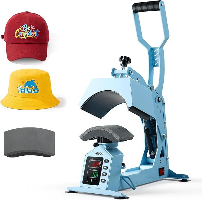 VEVOR 2-in-1 Hat Heat Press Machine, with 2 Platens & Caps Stretcher, Precise Temp&Timer Control, Hat Press Heat Machine for Caps Compatible with HTV Iron On and Sublimation Projects, Light Blue | Amazon (US)