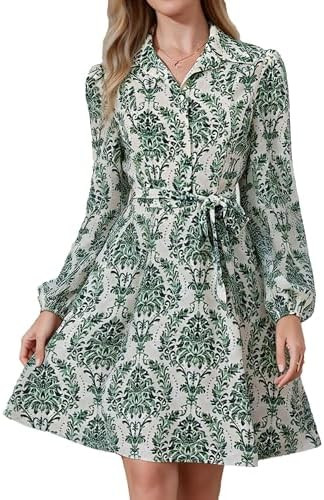 Women Long Sleeve Spring Button Down A-Line Floral Print Summer Cocktail Shirt Dresses with Belt | Amazon (US)