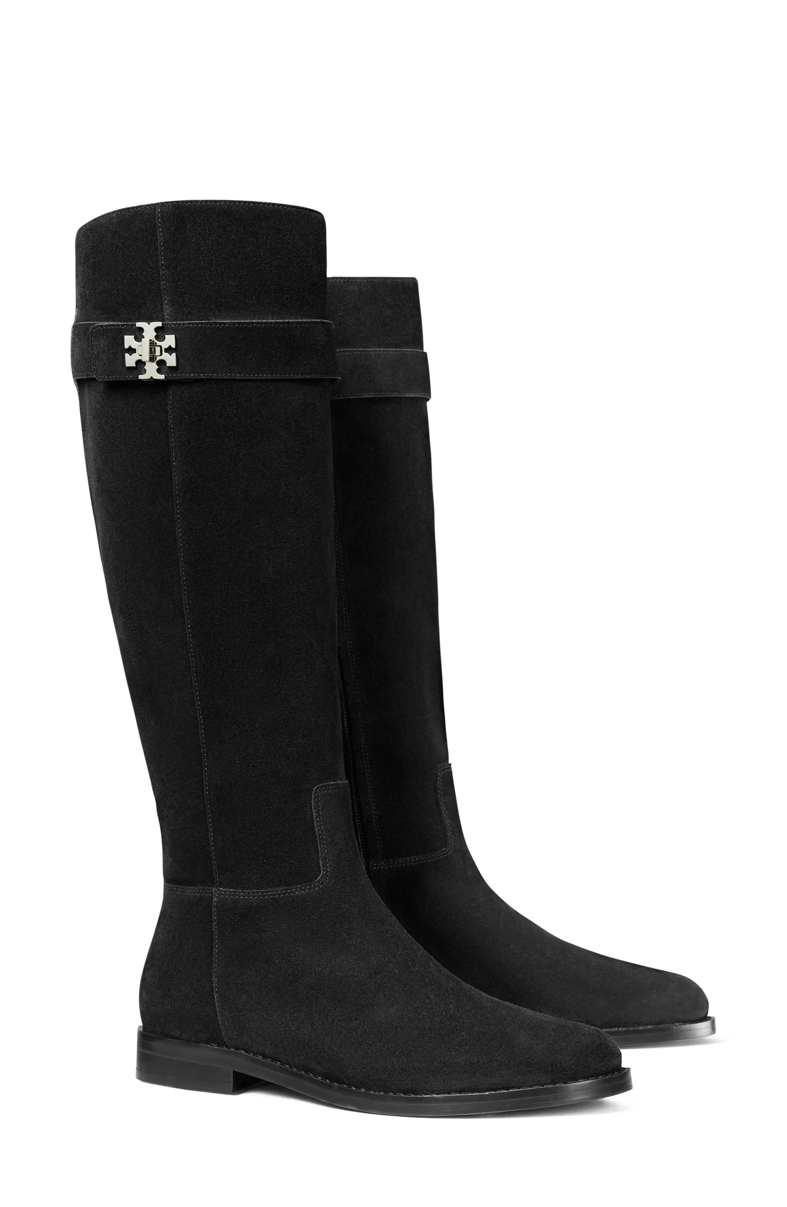 Tory Burch T Lock Knee High Riding Boot in Perfect Black Suede at Nordstrom, Size 6.5 | Nordstrom