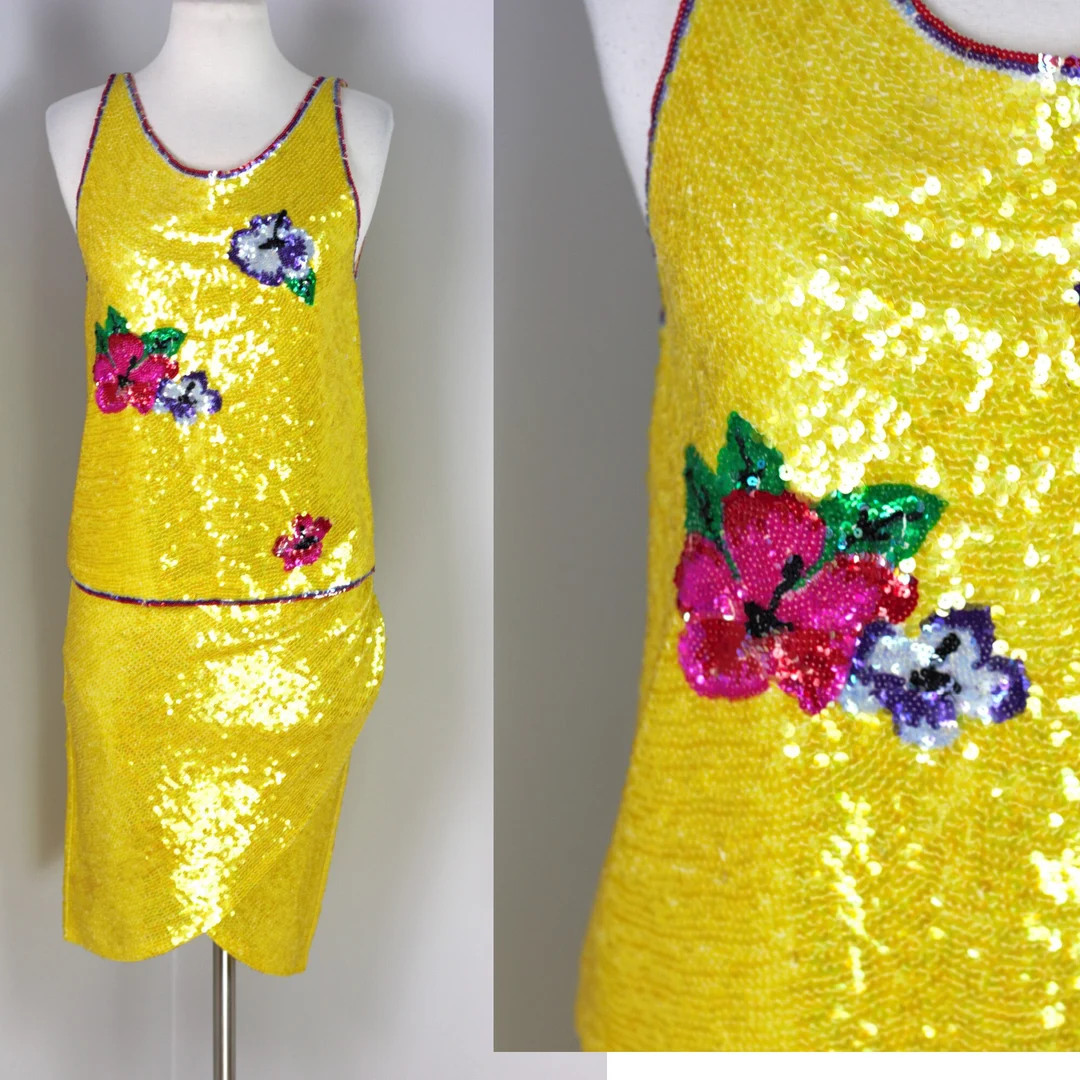 Sz XS//Vintage Yellow Sequin Floral Skirt and Top Set//Vibrant Retro Tulip Skirt and Tank Set | Etsy (US)