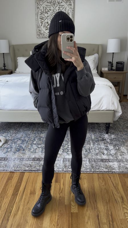 Winter OOTD, winter Athleisure wear, casual outfit idea, Anine bing sweatshirt, combat boots outfit, puffer vest, mom on the go outfit idea, what to wear today 

#LTKVideo #LTKfitness #LTKSeasonal