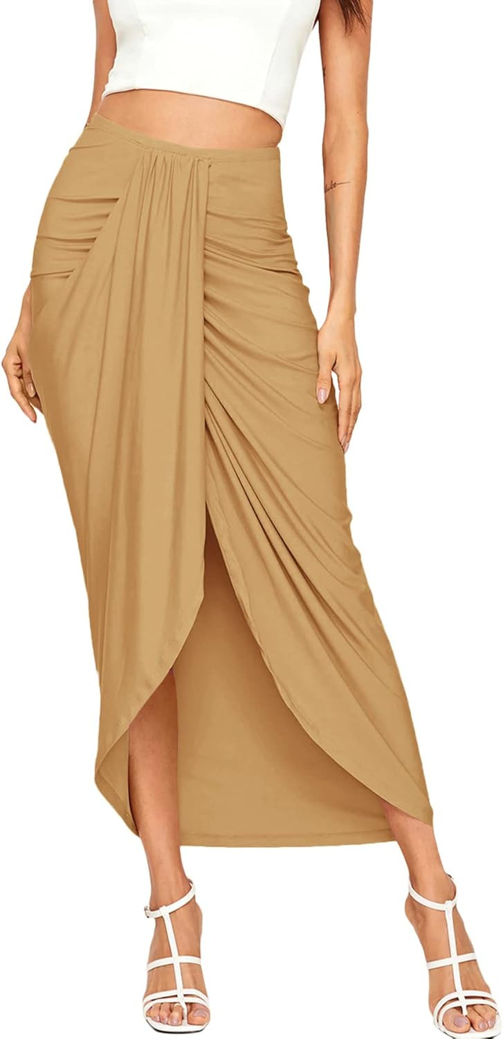 SheIn Women's Casual Slit Wrap Asymmetrical Elastic High Waist Maxi Draped Skirt | Amazon (US)