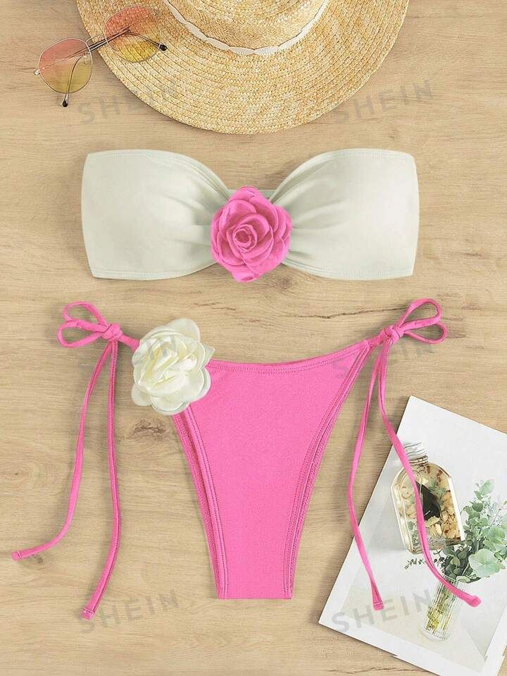 Colorblock Bandeau Tie Side Bikini Swimsuit | SHEIN