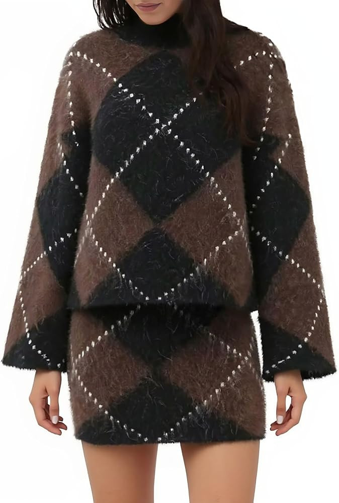 Women 2 Piece Sweater Skirt Sets Argyle Plaid Preppy Style Trendy Fall Sweater Outfits | Amazon (US)