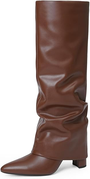 Modatope Knee High Boots Women Fold Over Knee High Boots Chunky High Heels Long Boots Zipper Poin... | Amazon (US)