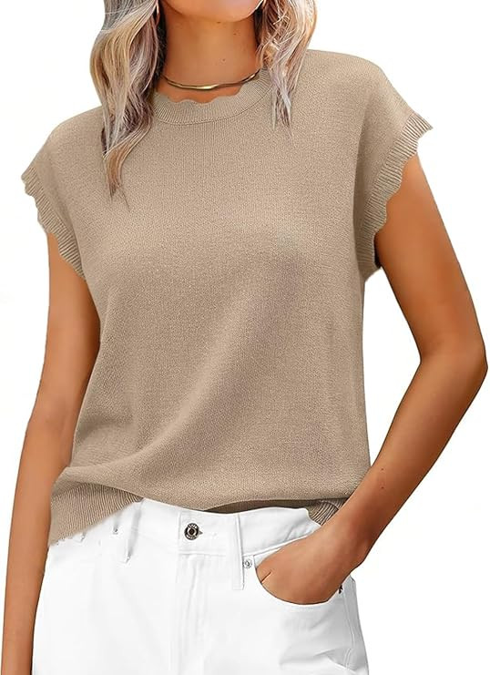 Women Summer Sweater Cap Sleeve Lightweight Pullover Soft Knit Top with Scallop Wavy | Amazon (US)