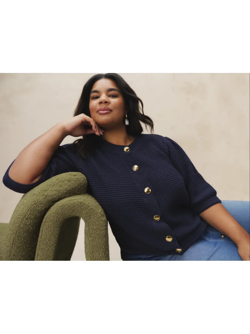 Terra & Sky Women's Plus Size Textured Crewneck Cardigan with Short Sleeves, Midweight, Size 0X-5... | Walmart (US)
