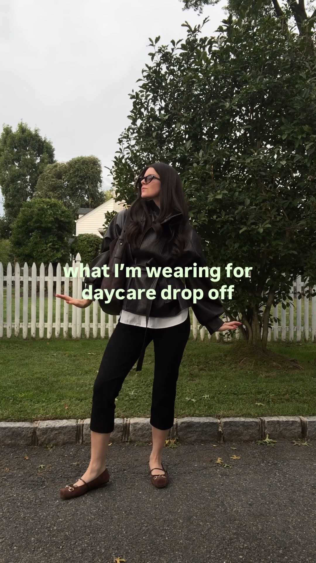 chic mom outfit. true to size! leather jacket, funnel neck jacket, oversized button down, button down, capris, Gucci, Gucci flats, brown flats

#LTKautumn