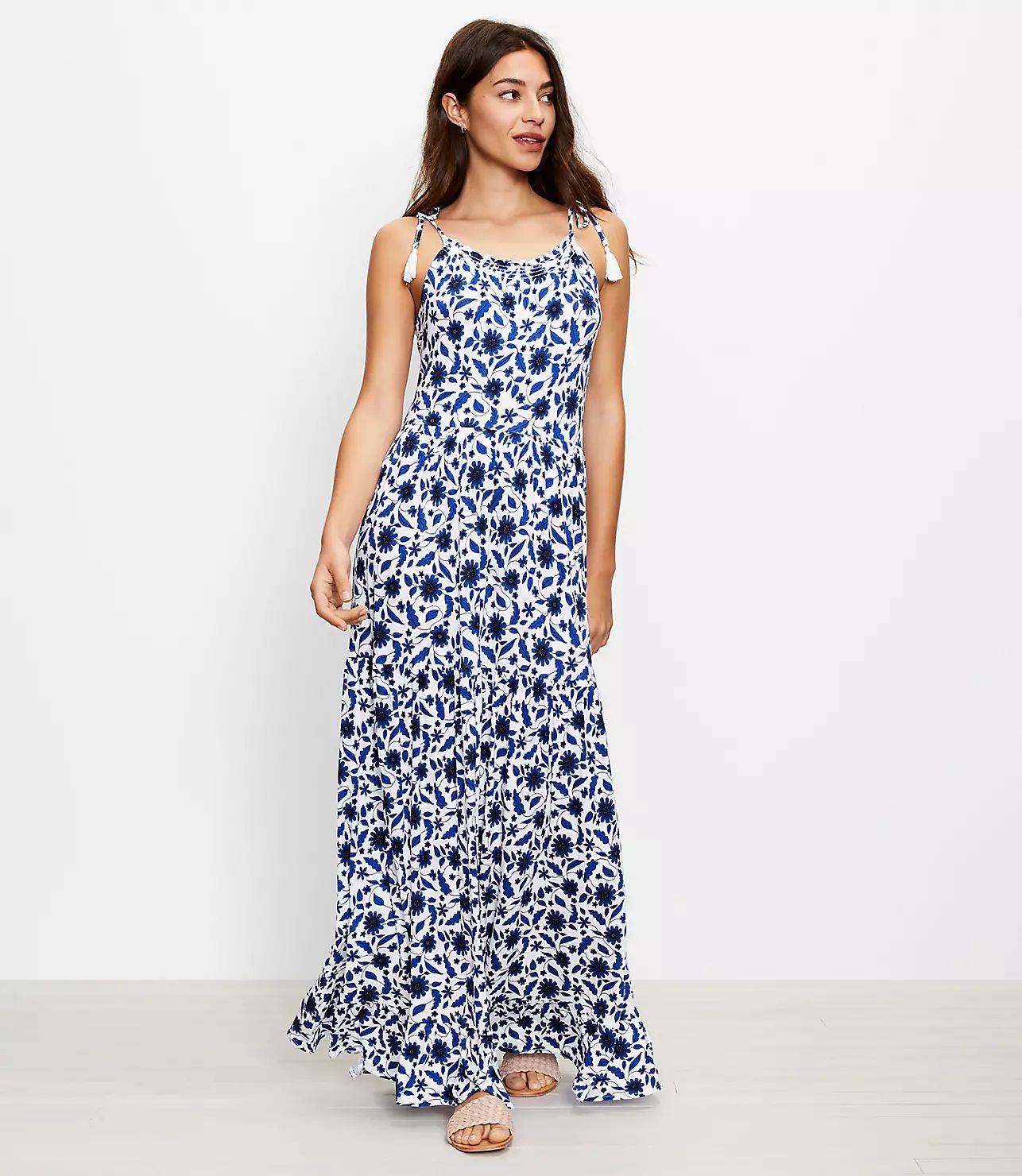 LOFT Beach Floral Bow Strap Tiered Maxi Dress | LOFT