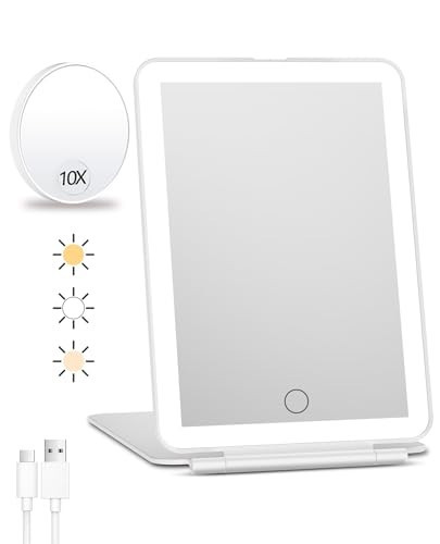 FUNTOUCH Rechargeable Travel Makeup Mirror with Lights and 10X Magnifying Mirrors, Portable Lighted Vanity Mirror with 80 Led,2000mAh Battery,3 Color Lighting,Touch Dimming,Tabletop Light up Mirror | Amazon (US)
