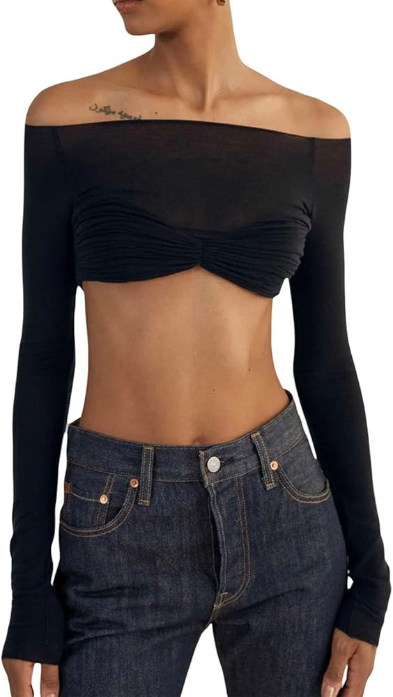 Women Y2k Off Shoulder Long Sleeve Tees Slim Fit Stretchy Top Solid Color Backless Tshirt Fashion... | Amazon (US)