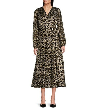 Gibson & Latimer Woven Metallic Ogee Print Surplice V-Neck Long Blouson Sleeve Wrap Tie at Waist ... | Dillard's