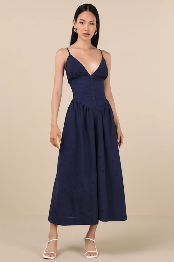 Zahrah Navy Eyelet Embroidered Button-Front Midi Dress | Lulus