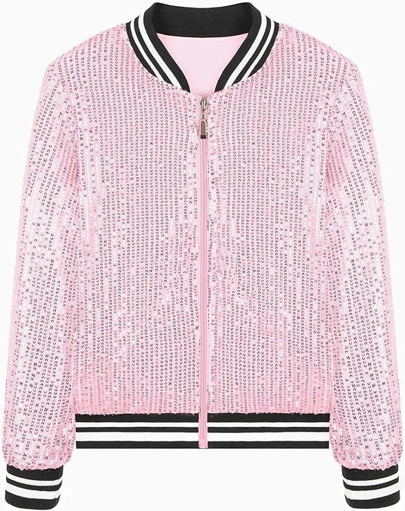 Mebius Girls Sequin Bomber Jacket with Pockets Zipper Long Sleeve Lightweight Sparkle Jackets for... | Amazon (US)