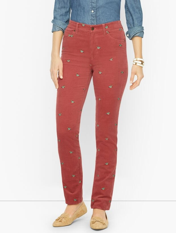 Stretch Corduroy Straight Leg Pants - Mallard Embroidered | Talbots