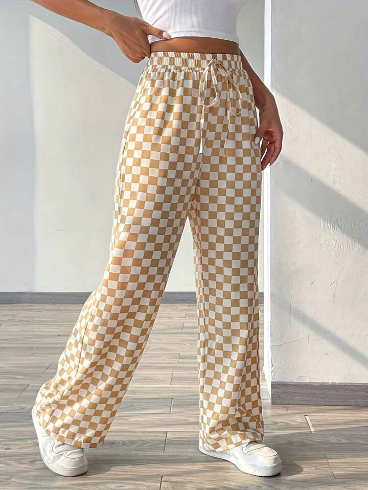 Checkered Print Casual Loose High Waist Wide Leg Pants With Tie | SHEIN