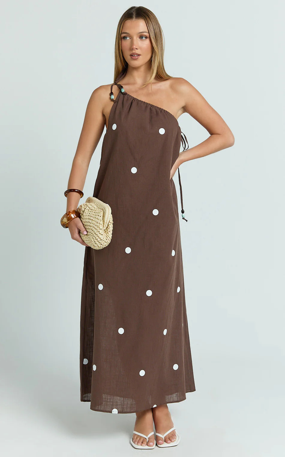 Gia Midi Dress - One Shoulder Dress in Chocolate Polka Dot | Showpo (ANZ)