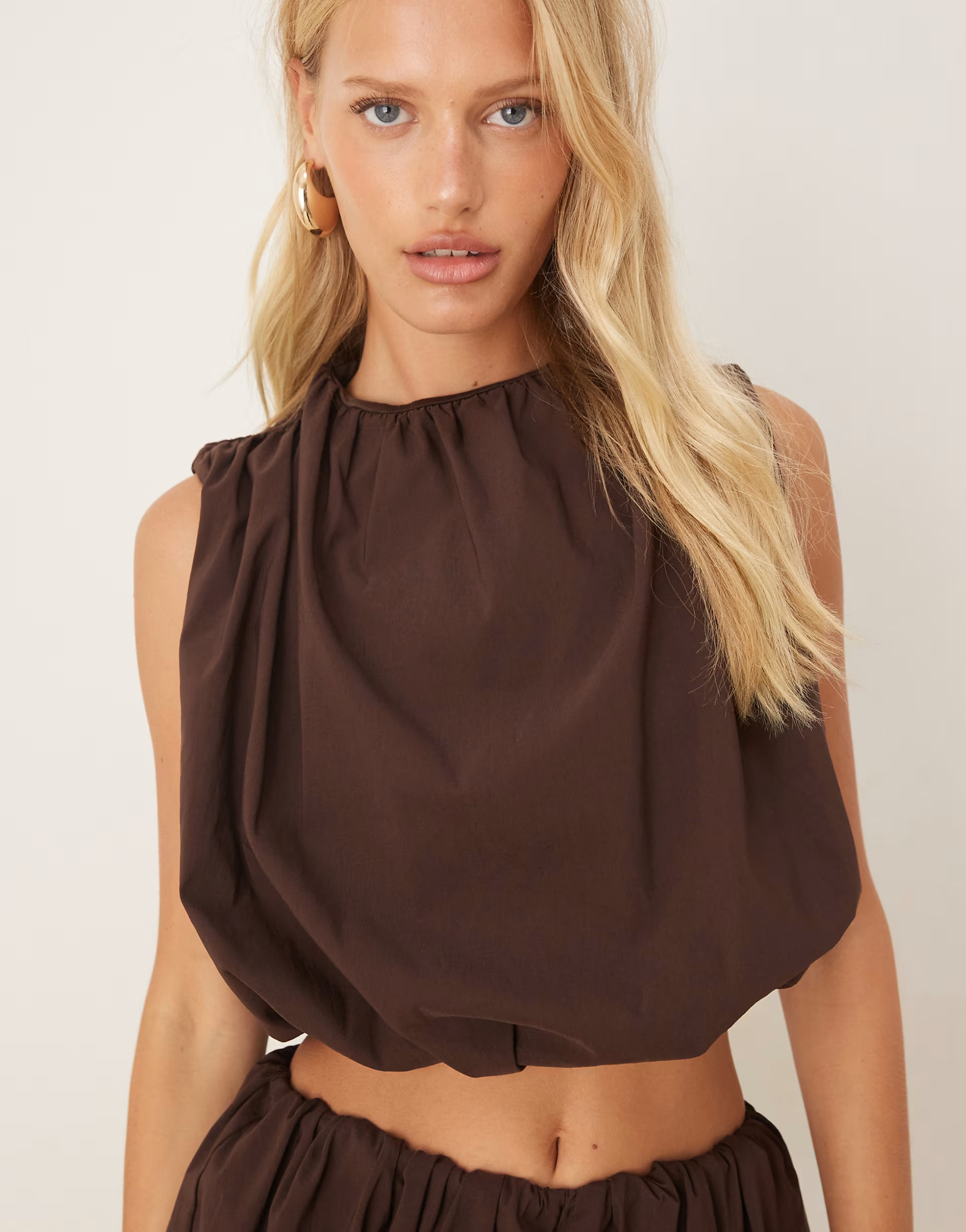 ASOS DESIGN puffball high neck top in chocolate - part of a set | ASOS (Global)