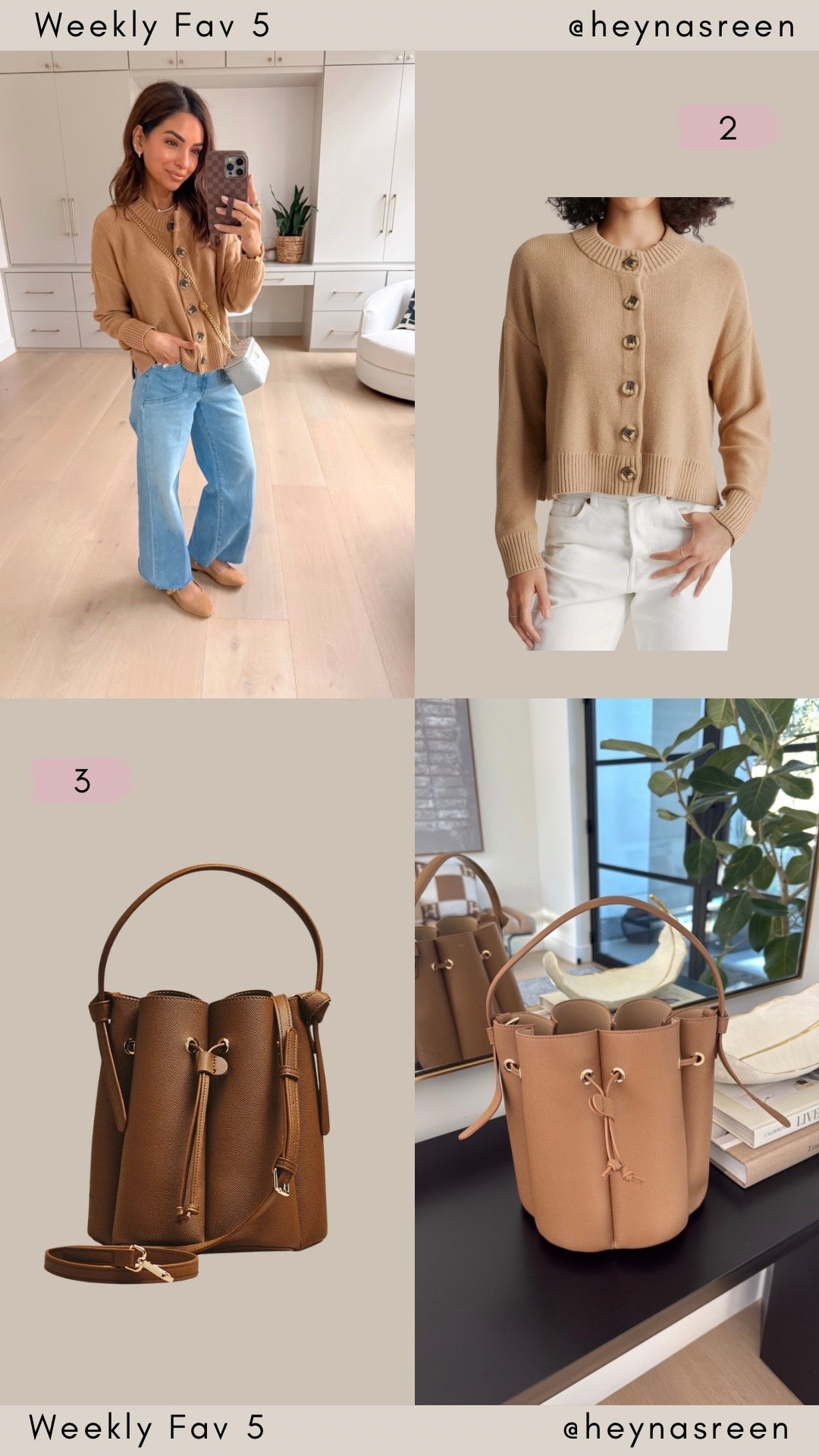 Fav 5:
#2: Quince cardigan I’m wearing my true size XS, love the relaxed fit! 
#3: Anthropologie bucket bag, looks so expensive but it’s under $100! 